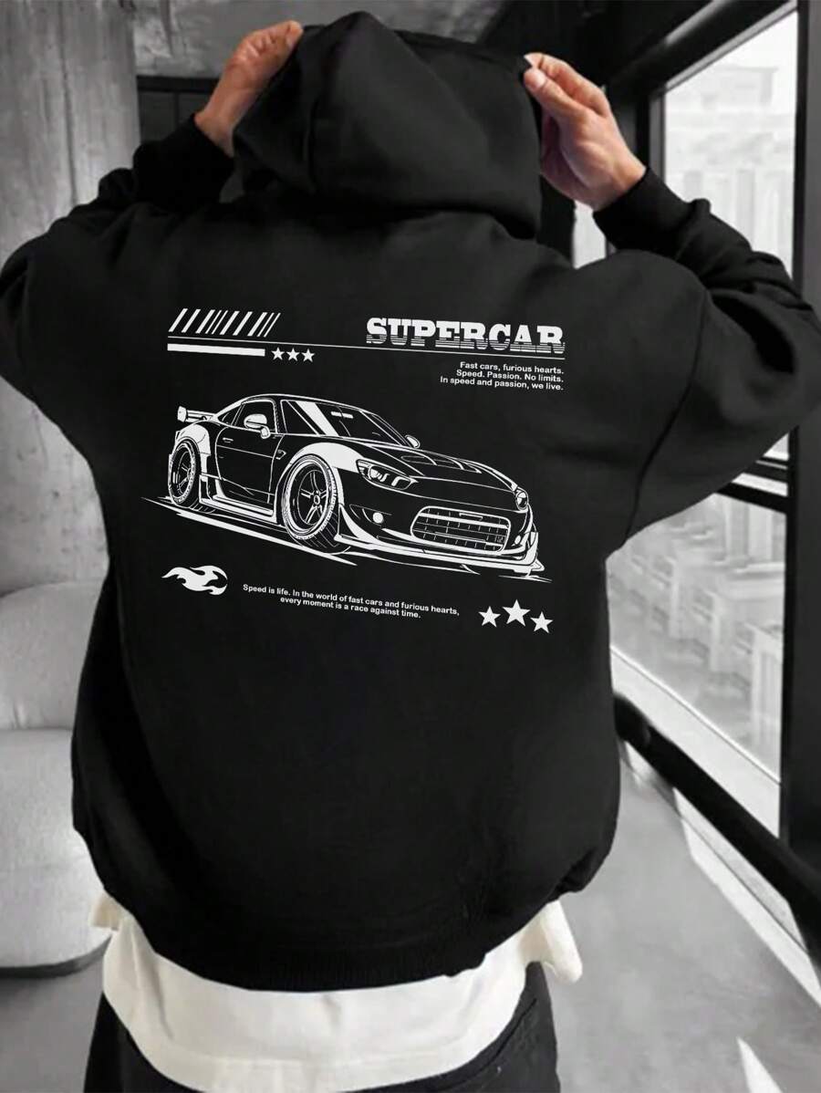 Street Style Men's Skull & Letter Print Drop Shoulder Loose Hoodie Sweatshirt, Spring/Autumn