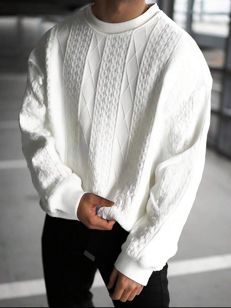 男士时尚休闲提花宽松厚款圆领卫衣，秋季长袖上衣 - 白色 - 查看 1