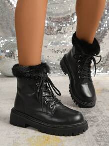 2024 新款女士靴子，防水保暖内衬系带防滑厚底，冬季 - 黑色 - 查看 2