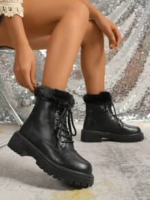 2024 新款女士靴子，防水保暖内衬系带防滑厚底，冬季 - 黑色 - 查看 1