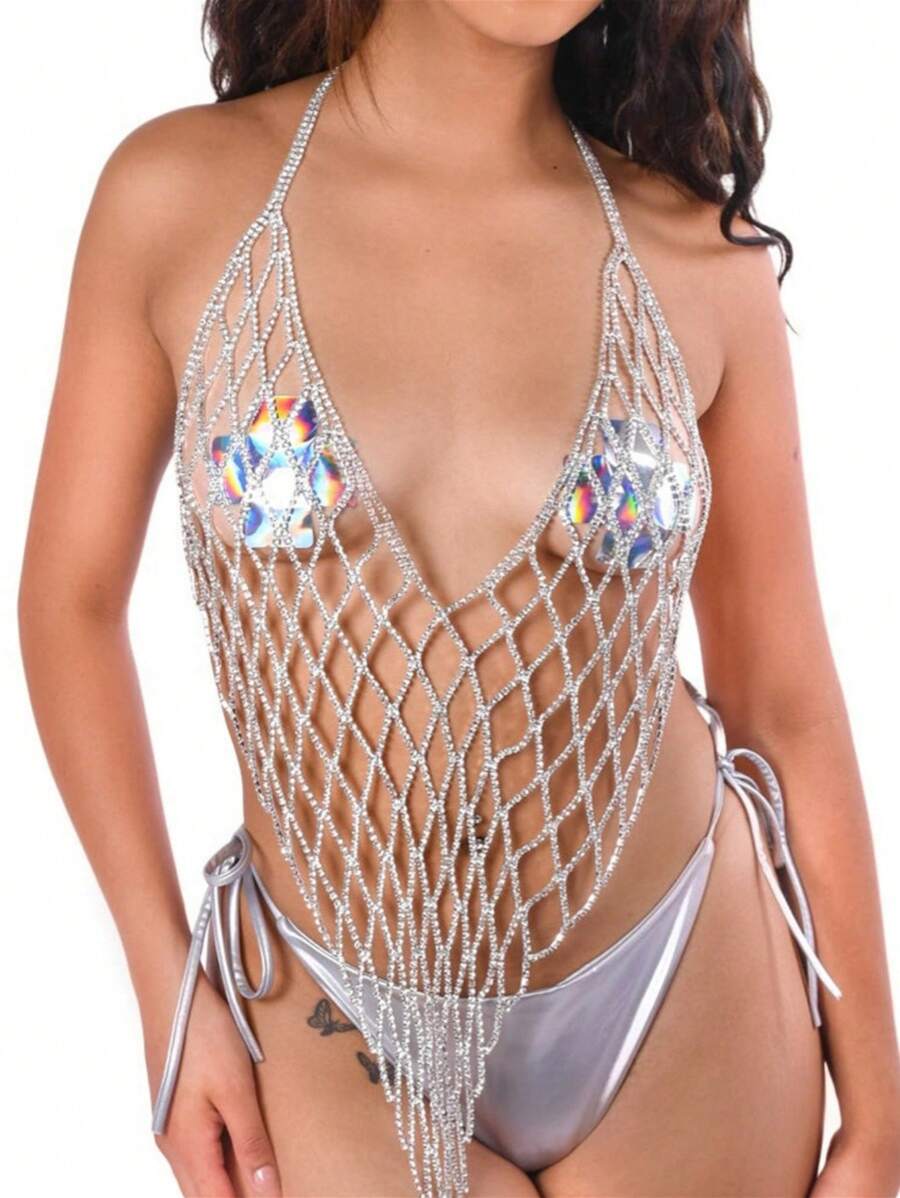 1 件性感流苏网状水钻女士胸罩链、夜总会派对内衣首饰比基尼身体链 - 銀色 - 查看 1