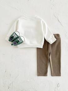 2 件套男婴冬季保暖套装，可爱动物刺绣羊毛运动衫和条纹长裤 - 白色 - 查看 6