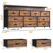 EnHomee 55" W Dresser For Bedroom With 10 Drawers, Long Dresser With LED Lights & Power Outlets, Rustic Brown, Christmas Decor, Room Decor, Home Decor, Rustic Brown - 查看 4