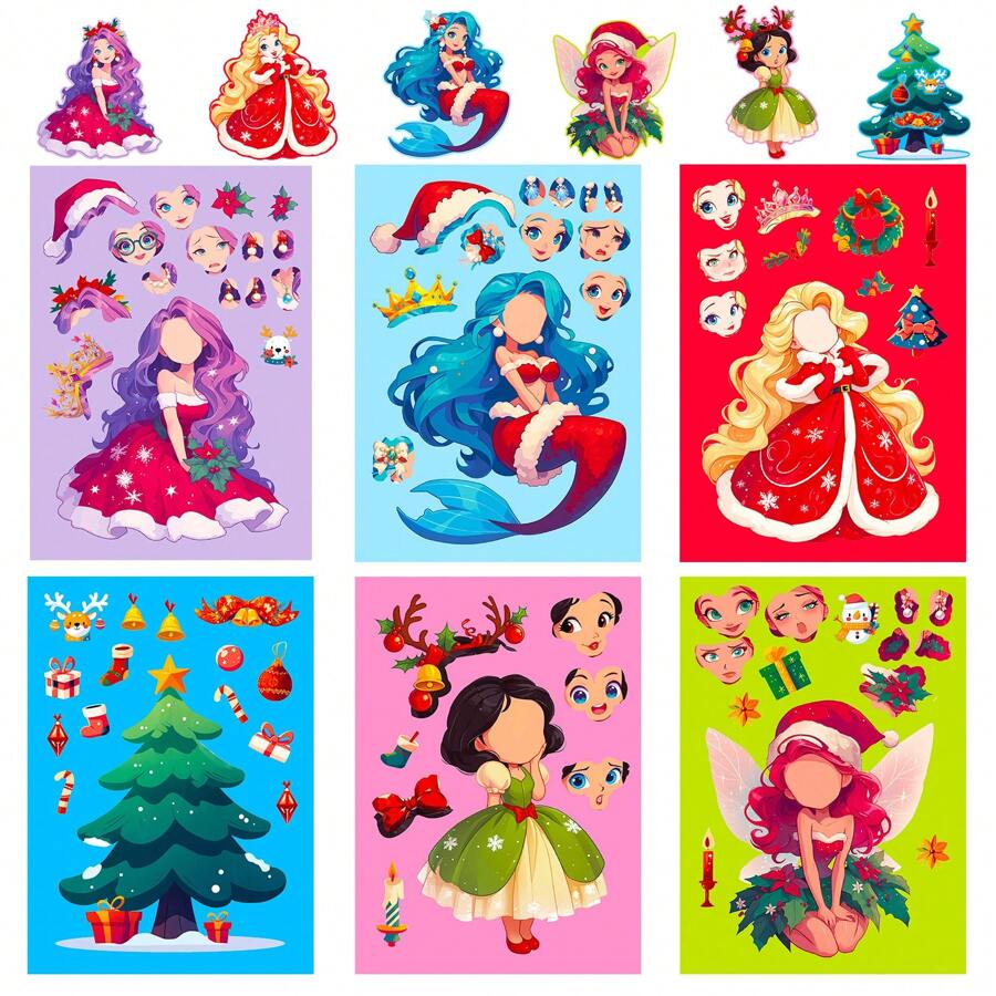 6 tờ nhãn dán Giáng sinh thú vị làm mặt, nhãn dán hoạt hình công chúa nàng tiên cá cây thông Noel, 6 kiểu tự làm nhãn dán Giáng sinh cho phần thưởng tiệc, thủ công mỹ nghệ, sổ lưu niệm máy tính xách tay