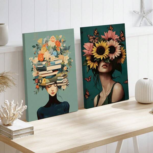 2 Pieces Fashion Girl Reading Canvas Painting, Elegant Lady In Sunflower Bliss, Inspired Vintage Style, Perfect For Living Room, Bedroom, Bathroom Decoration, Ideal Gift For Book Lovers - Canvas (Framed),Wall Art,Poster Gifts Birthday Graduation