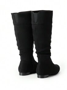 Women's Wide Calf Knee High Boots Fur Lined Pull On Side Zipper Classic Elegant Fall Weather Winter Boots - DA LỘN MÀU ĐEN - Xem 7