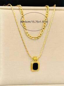 1 chiếc mặt dây chuyền vuông đen đơn giản thời trang hai lớp bằng thép không gỉ tông vàng, thích hợp cho phụ nữ thanh lịch, trang sức dự tiệc hoặc quà tặng cưới - Nhiều màu - Xem 2