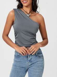 Women's Summer One Shoulder Tank Tops  Soft Stretchy Solid Color Floral For Daily Date Night Party - 灰色 - 查看 10