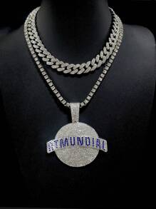 1pc Hip-Hop Style Alloy Circle Pendant Necklace With Letter & Rhinestone Detail, Unique Personalized Link Jewelry Accessory For Nightclub Party - Hip Hop Pendant - View 9