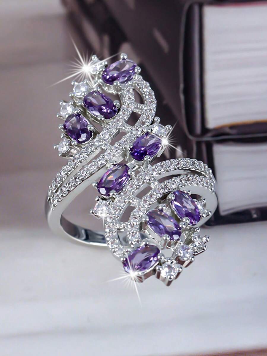 1枚波西米亚风优雅奢华立方氧化锆戒指，适合订婚、结婚、情人节、生日礼物、日常佩戴、派对、送给爱人、周年纪念日 - 銀色 - 查看 1