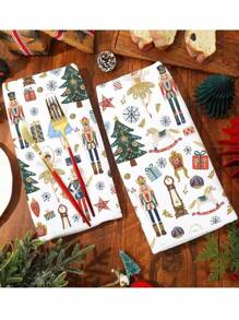 18"X26" Christmas Nutcracker & Pine Tree White Super Soft Fiber Kitchen Towel, Holiday Decor Dish Cloth, Housewarming Gift