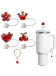 2/8 件/1 套/4 套红水晶吸管盖 + 吊坠、皇冠、樱桃、心形、花形吸管盖，适用于玻璃杯盖，适用于 30&40 盎司玻璃杯，10 毫米硅胶吸管盖，可重复使用吸管盖，防尘吸管盖，简易吸管头盖，杯子配件 - 紅色水晶吸管帽+吊墜 - 查看 10