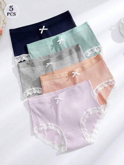 5PCS Calcinhas femininas de cintura alta, meia-calça confortável, calcinhas femininas respiráveis de renda de cor sólida, calcinhas