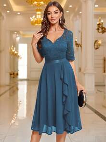 MIUSOL Sweetheart Neckline Floral Lace Ruffle Hem Cocktail Dress, Wedding Guest Dress, Formal Gown - Dusty Blue - View 5