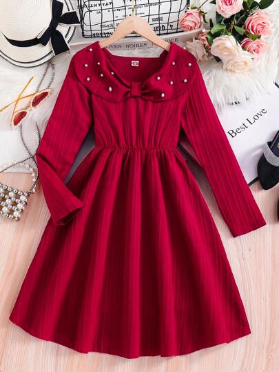 Tween Girl Tesatura Texturata Drăguță Peter Pan Guler Rochie de Fată Prințesă cu talie cu margele, de lux