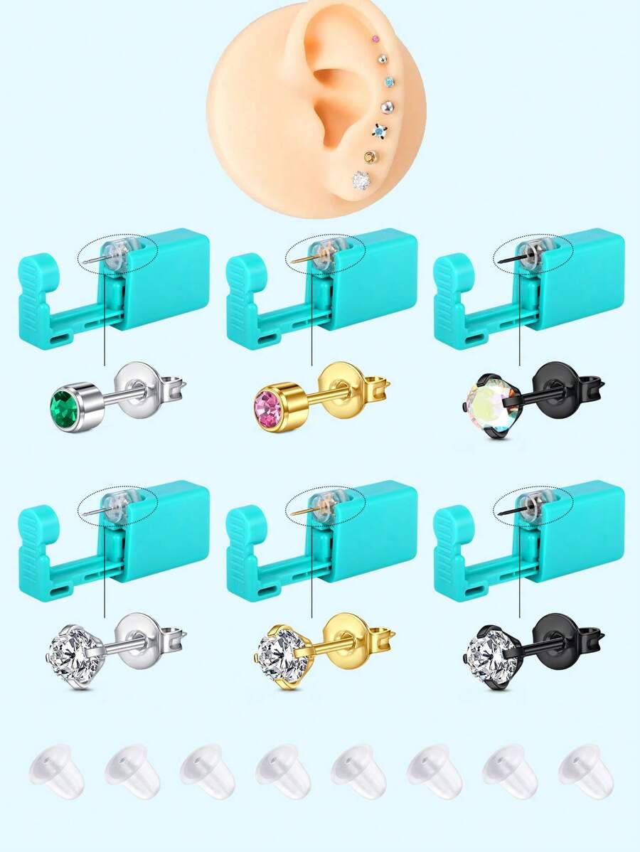 20 件套专业穿孔工具套装：耳轮、耳钉、耳屏、耳环、耳钉、耳甲、背部穿孔套装，不锈钢，带锆石装饰，适合女性 - 彩色 - 查看 1