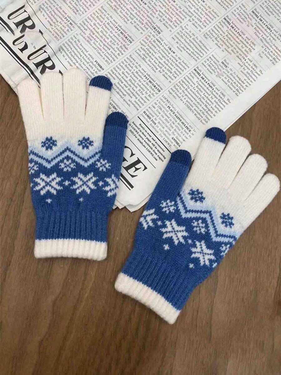 1pair 韩版 Ins 针织羊毛雪花手套五指触屏圣诞礼物连指手套御寒 - 彩色 - 查看 1