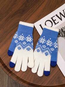 1pair 韩版 Ins 针织羊毛雪花手套五指触屏圣诞礼物连指手套御寒 - 彩色 - 查看 3