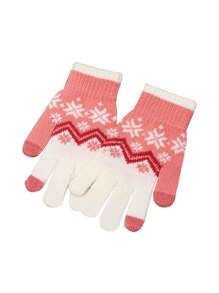 1pair 韩版 Ins 针织羊毛雪花手套五指触屏圣诞礼物连指手套御寒 - 彩色 - 查看 2