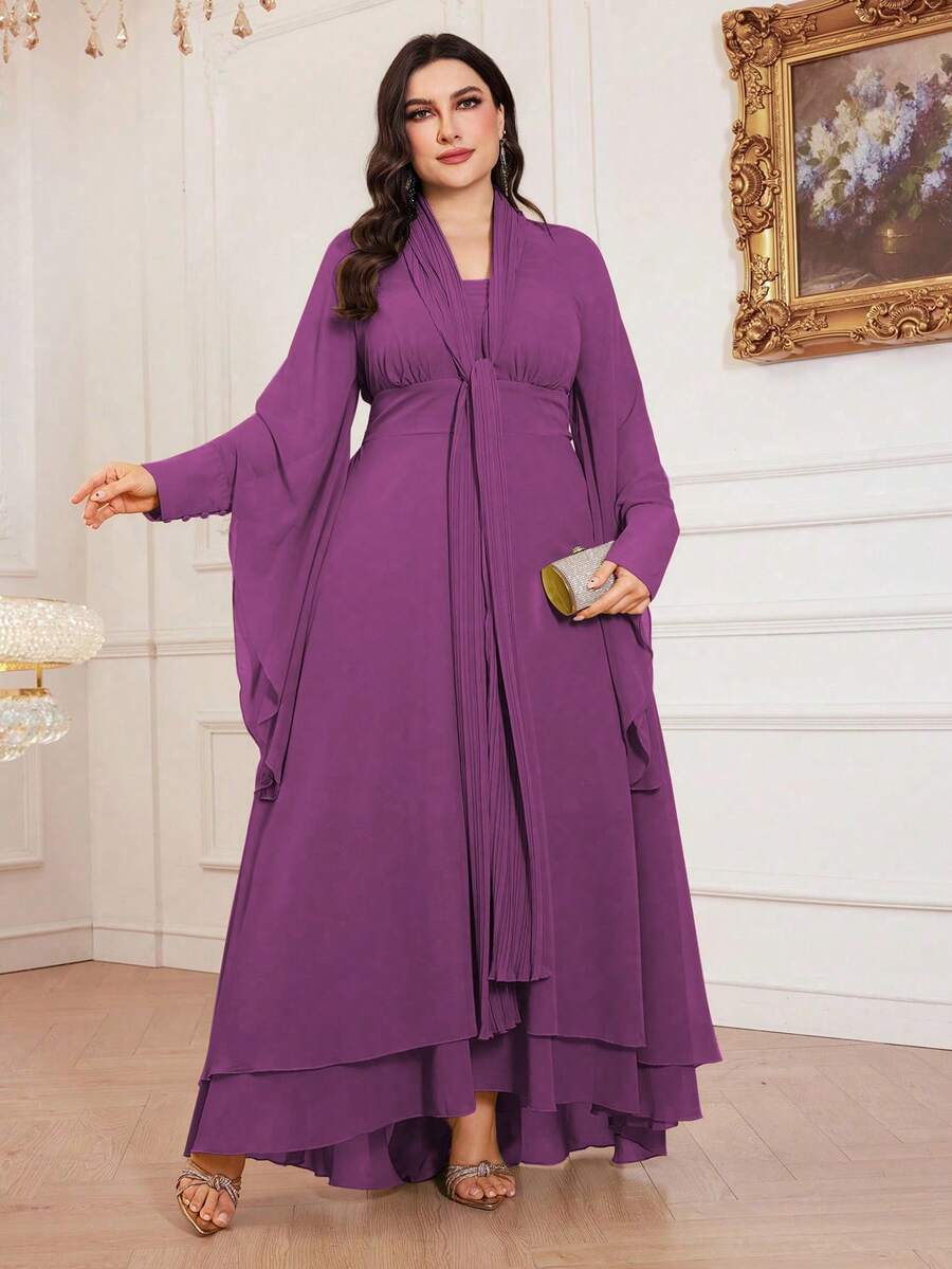 大码女式纯色飘逸领子，褶皱领口工艺，不对称下摆优雅长袖连衣裙，胸部褶皱，腰部收褶，高腰，柔软，不对称袖子设计，适合各种场合：日常、节日、休闲 - 紫色 - 查看 1