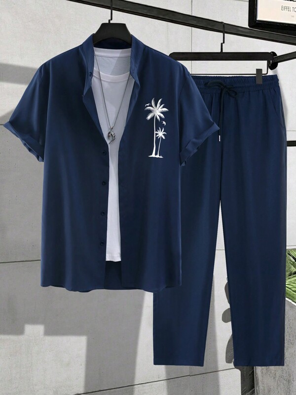 Men's Faux Linen Coconut Tree Single-Breasted Short Sleeve And Drawstring Waist Long Pants Set