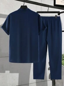 男士短袖植物印花休闲上衣和裤子套装