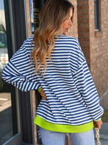 Women's Oversize Sweater Casual Round Neck Long Sleeve Color Matching Striped Pullover Waist Top Clothing - Nhiều màu - Xem 2