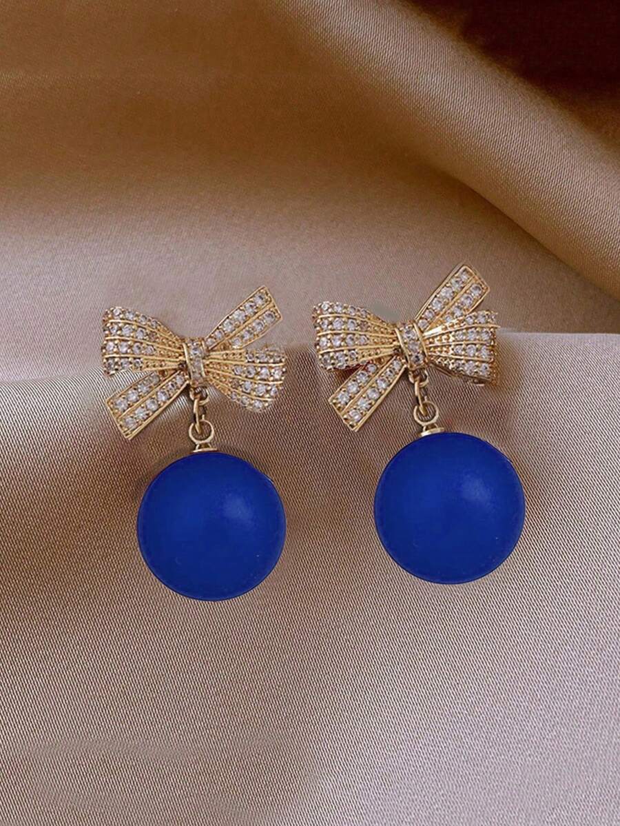 1 对时尚锌合金蝴蝶结珠状耳环，适合女士佩戴，适合圣诞节、新年派对