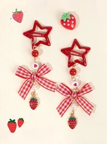 2pcs Adorable Star Snap Hair Clips For Women Girls Strawberry Plaid Bow Tassel Snap Clips Glossy Red Star Hair Clips Girls Pigtail Bows Barrettes Women Hair Accessories - Red - View 1