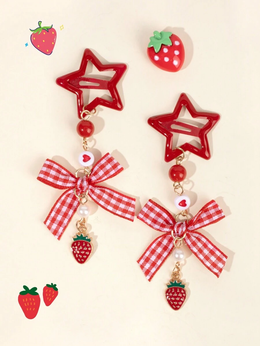 2pcs Adorable Star Snap Hair Clips For Women Girls Strawberry Plaid Bow Tassel Snap Clips Glossy Red Star Hair Clips Girls Pigtail Bows Barrettes Women Hair Accessories - Red - View 1