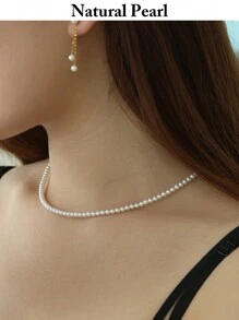 mufan 1pc Cultured Freshwater Pearl Necklace, 925 Sterling Silver, Hypoallergenic, 3-4mm Round Pearls, Suitable For Daily Wear, Date, Party, Travel, Wedding, Gift For Friends, High-End Jewelry Birthday Present, Gift Box - Style 7 - View 4