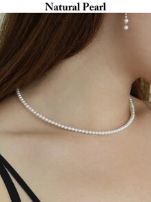 mufan 1pc Cultured Freshwater Pearl Necklace, 925 Sterling Silver, Hypoallergenic, 3-4mm Round Pearls, Suitable For Daily Wear, Date, Party, Travel, Wedding, Gift For Friends, High-End Jewelry Birthday Present, Gift Box - Style 7 - View 6