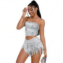Women's Belly Dance Hip Scarf Skirt Sparkly Tassel Disco Outfits Sequin Wrap Rave Costumes Fringe Skirt - Multicolor - View 14
