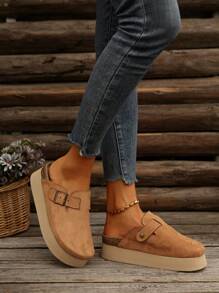 女士大码35-43春秋新款半包头一脚蹬乐福鞋舒适金属方扣时尚高端软底简约厚底休闲平底鞋 - 駝色 - 查看 6