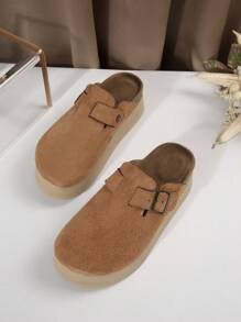 女士大码35-43春秋新款半包头一脚蹬乐福鞋舒适金属方扣时尚高端软底简约厚底休闲平底鞋 - 駝色 - 查看 3