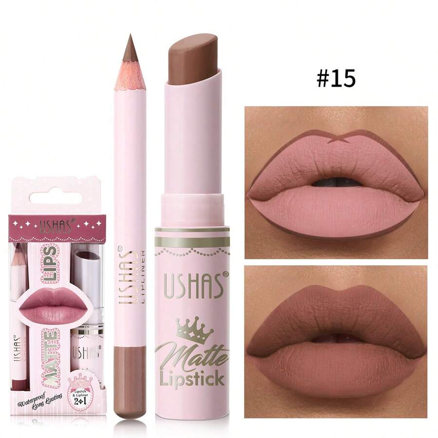 Ushas, 1Set, Long-Lasting Matte Nude Lipsticks With Lip Liner - Waterproof, 12 Shades, Makeup Essentials For Daily Wear, All Skin Types - Long-Lasting, Hydrating, And Nourishing Lip Care For Women - #15 - 查看 1