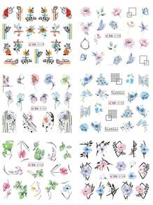 1 件美甲贴纸指甲滑块，抽象线条几何法式美甲贴花 3D 自粘叶子花朵涂鸦趣味指甲设计美甲装饰 - 彩色 - 查看 6