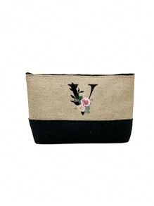 1件卡其色花卉字母图案女士手提包兼化妆包，送给优秀教师的礼物，可重复使用的托特包，女士简约大容量旅行化妆包，多功能便携式女士礼品