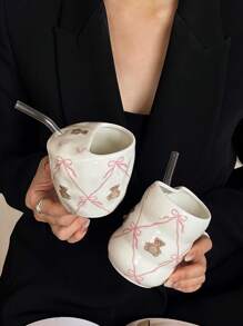 1 套可爱蝴蝶结泰迪熊陶瓷杯（带吸管），高美感设计，适合女孩返校的生日/圣诞节礼物 - 彩色 - 查看 2