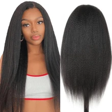 Tóc giả thẳng Kinky T Part Tóc giả ren phía trước Tóc thật Tóc giả thẳng Kinky Tóc giả ren phía trước 180 độ Tóc thật được nhổ sẵn dành cho phụ nữ - màu đen - Xem 1