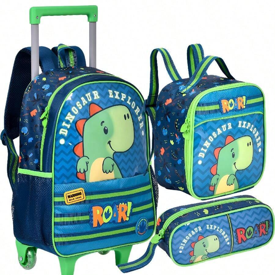 Dinosaur Wheeled Backpack Kit Thermal Lunch Box Children's School Pencil Case For Boys KidsClio Style - 藍色 - 查看 1