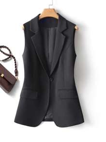 Solid Color Button Front Sleeveless Vest Jacket For Women, Elegant Lapel Neck Spring/Fall Fashion