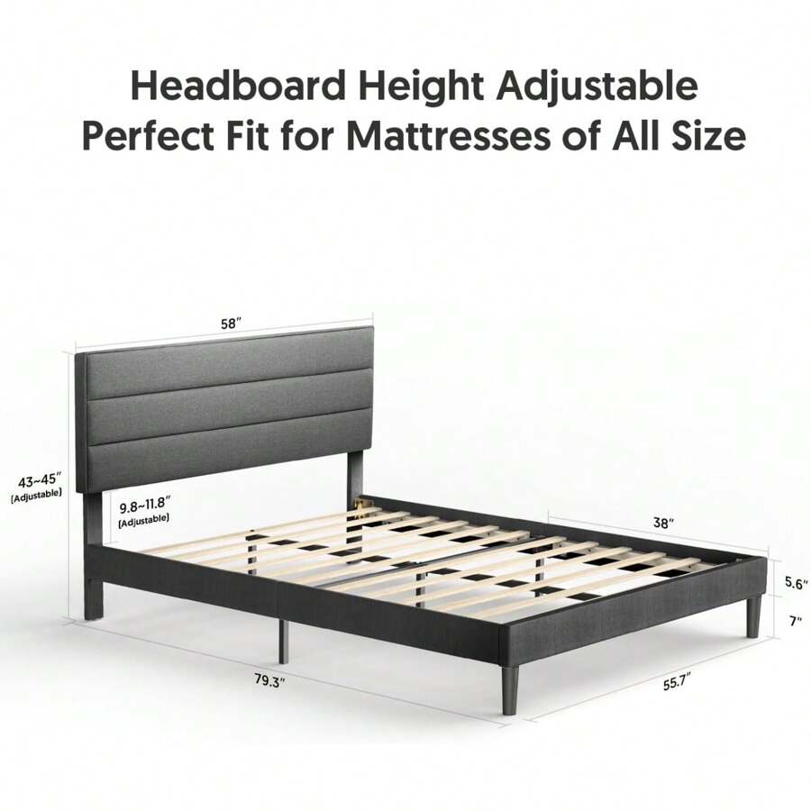 Queen Size Grey Color Modern Low Profile Upholstered Bed Frame With