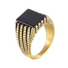 BLACK SQUARE PVD STAINLESS STEEL RING WORKED SIDE - 金色 - 查看 1