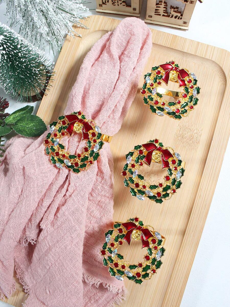 4 件套红宝石花餐巾环，适用于圣诞派对礼物、婚礼餐桌装饰 - 彩色 - 查看 1