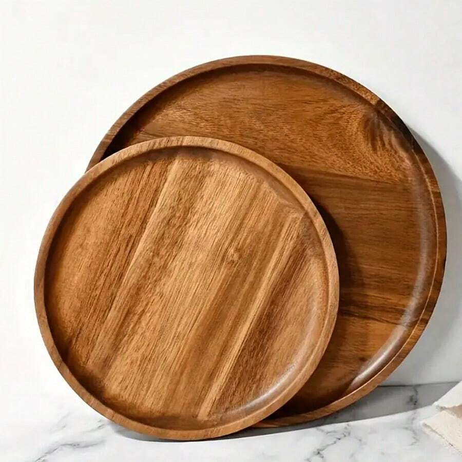 1pc, Wood Tray, Wooden Cake Pan, Simple Wooden Breakfast Plate, Reusable Fruit Plate, Household Coffee Tray, Decorative Plate, Creative Food Tray, Kitchen Supplies, Kitchen Decoration Christmas Gift - Yellow - View 1