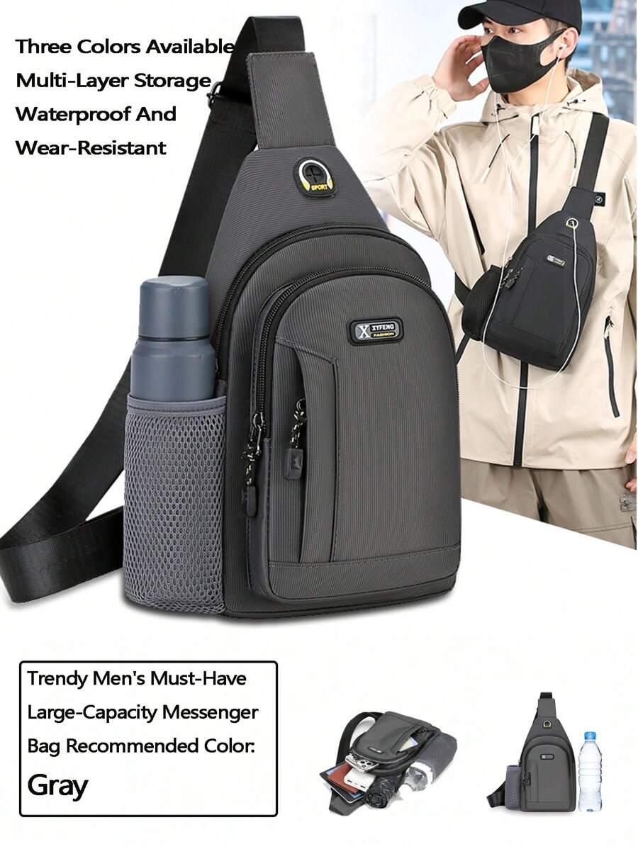 1pc 拉链开合，肩带调节扣，实用拉头，可单肩背，单肩包，小单肩背包，尼龙防水轻便迷你斜背包，背包可装水杯，适合健身、露营和户外运动万圣节圣诞节冬季圣诞礼物男士包包斜挎包侧包