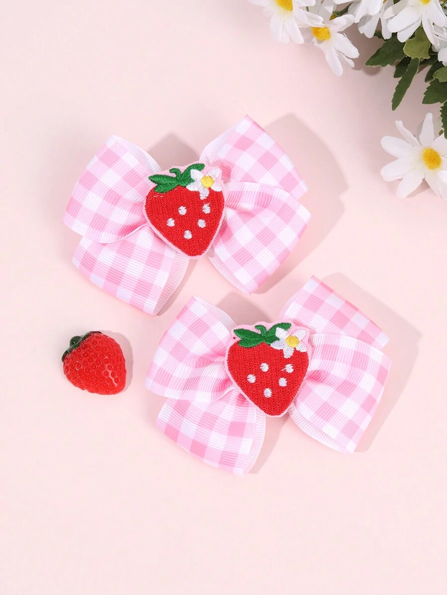2 件装格子丝带草莓蝴蝶结发夹，适合女孩、儿童、可爱女孩日常发饰 - 彩色 - 查看 1
