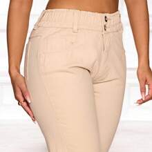 Mom Pants With Elastic Waistband And Double Cos - 米色 - 查看 3