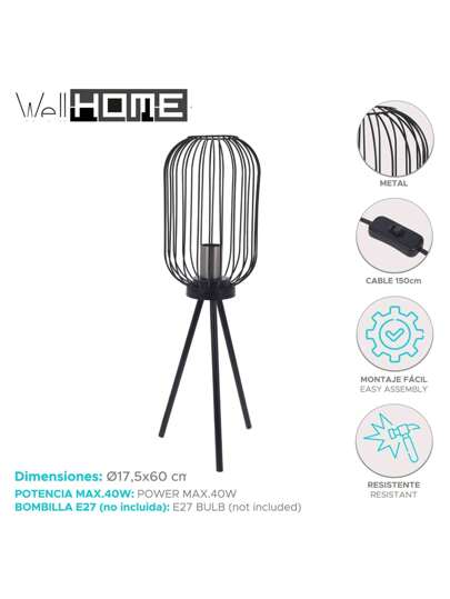Well Home Vloer Lamp In Zwart Metal Ø60x175cm. Free Shipping 24/48h view 2